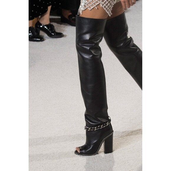 Balmain Shoes - Balmain Chain Peep Toe Over The Knee Boots US 7.5 IT 37.5 Womens Black $2250